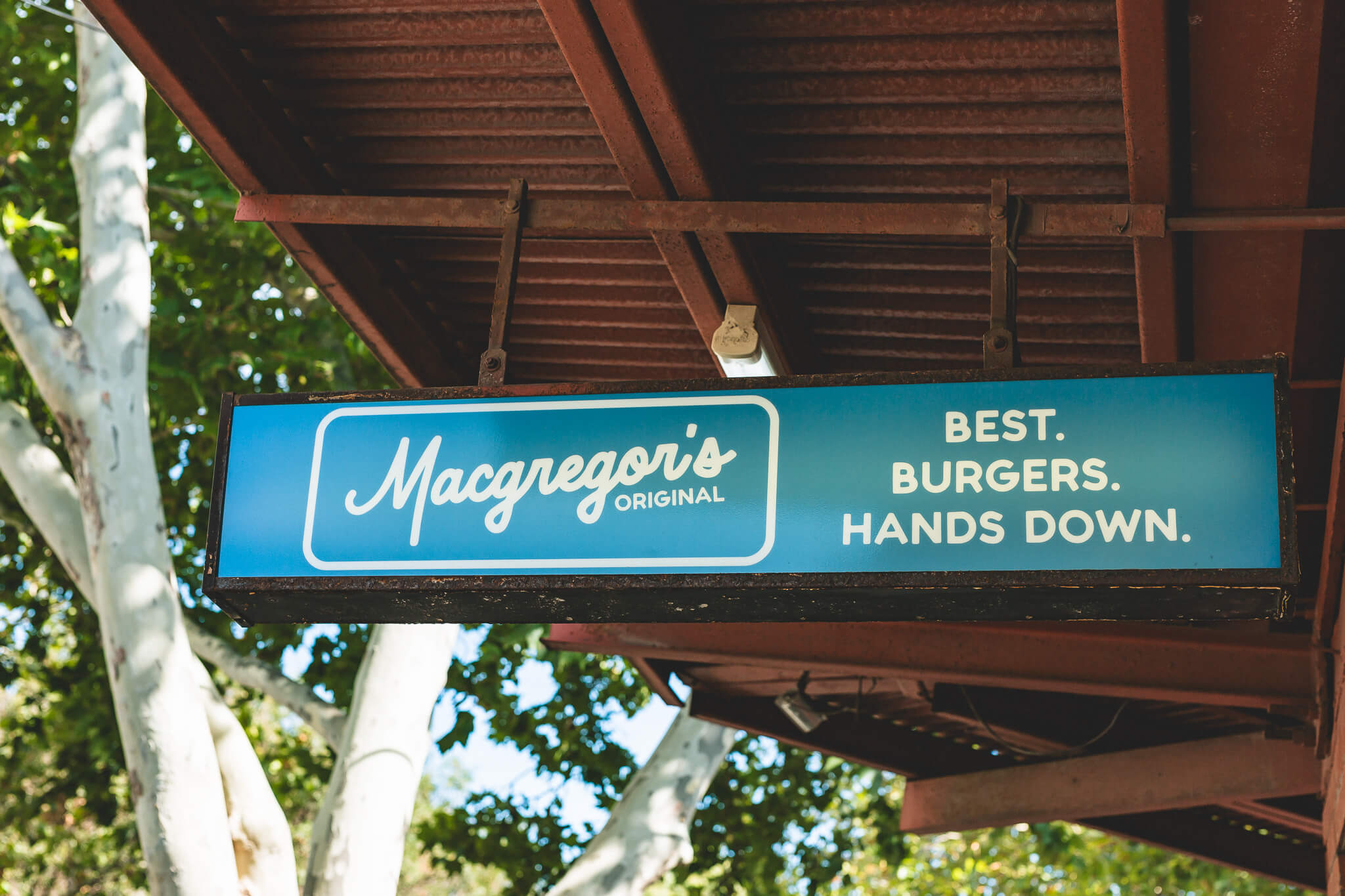 The hanging Macgregor's Original sign against the plane trees — 'Best. Burgers. Hands Down.'